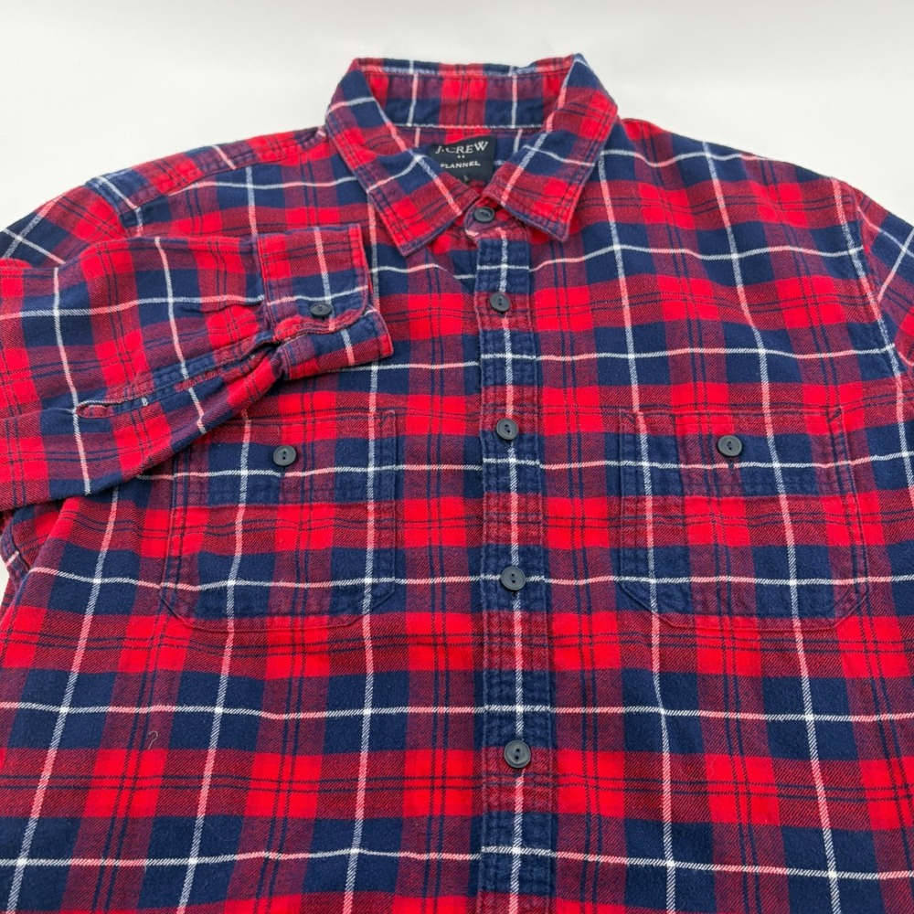 J Crew Red Navy Plaid Flannel Long Sleeve Button Up Shirt Men's Size L